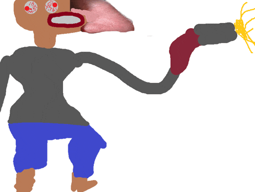 a drawing of a person with a very long arm holding a banana