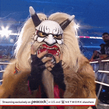 a person in a costume with a peacock logo on the bottom right