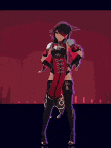 a girl in a red and black outfit is dancing in front of a red background .