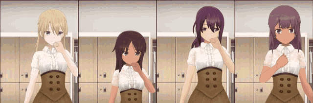 four anime girls are standing in front of a wall of lockers