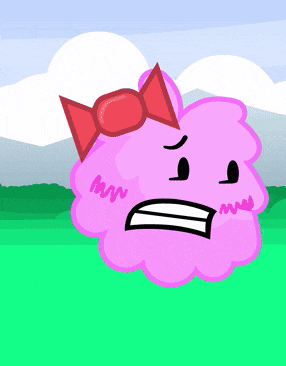 a pink cloud with a red bow on it 's head
