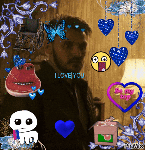 a man in a wheelchair is surrounded by hearts and butterflies with the words " i love you " above him