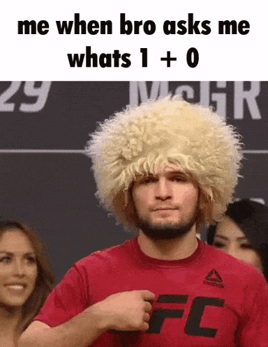 a man wearing a wig and a reebok shirt says me when bro asks me what 's 1 + 0