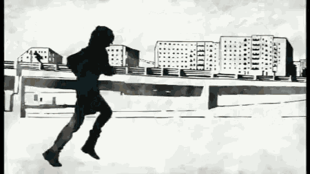 a black and white drawing of a person running in front of a city
