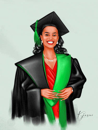 a drawing of a woman wearing a graduation cap and gown with the name teta on her necklace