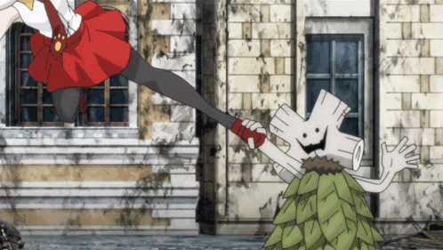 a woman in a red skirt is kicking a cartoon character in the face