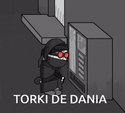 a cartoon character with red eyes is standing next to a vending machine that says torki de dania