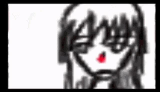 a black and white drawing of a person with headphones and a red nose .