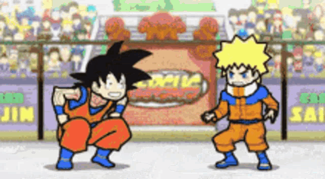 a cartoon of goku and naruto fighting in a stadium