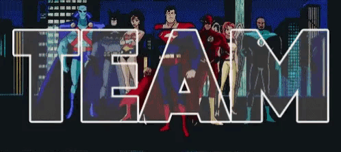 a group of superheroes are standing in front of the word " team "