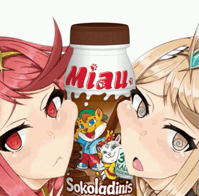 two anime girls are looking at a bottle of miau sokoladinis