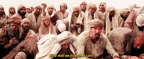 a group of people are gathered together and one of them is asking how shall we fuck off o lord .
