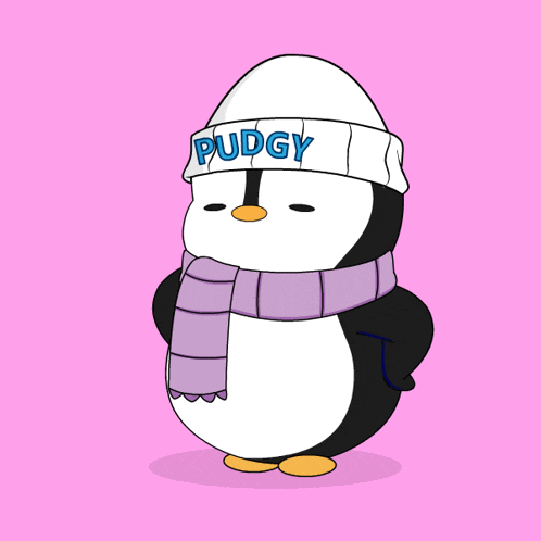 a penguin wearing a hat and scarf with the name pudgy on it