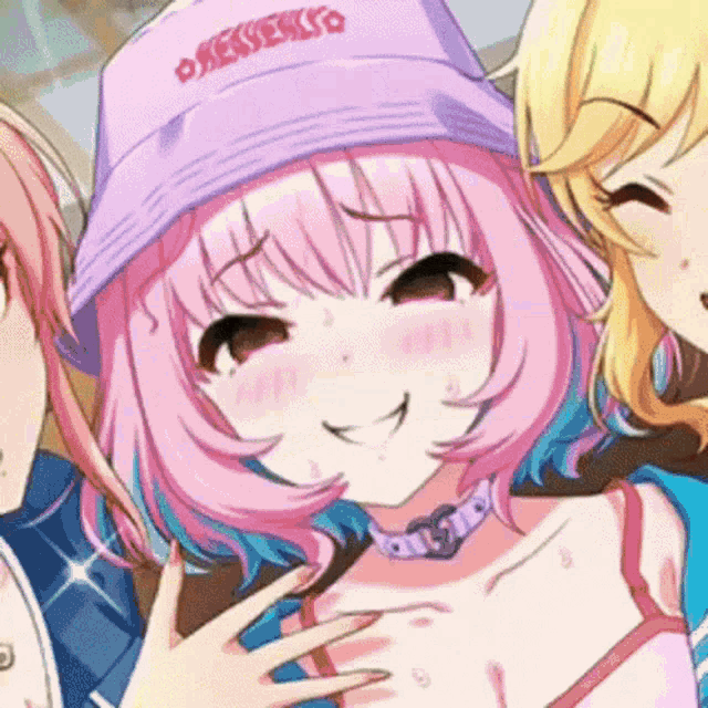 a girl with pink hair is wearing a purple hat that says o'keeserso