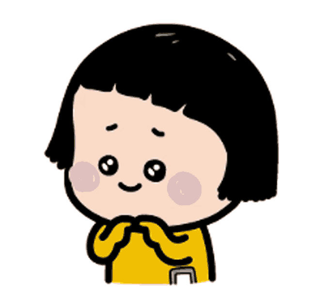 a little girl with short black hair is wearing a yellow shirt and holding her hands to her chin .