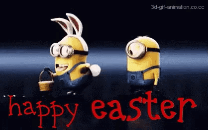 two minions wearing bunny ears and a bucket with the words happy easter written in red