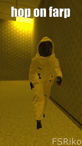 a man in a yellow suit is standing next to a monster that says " hop on farp "