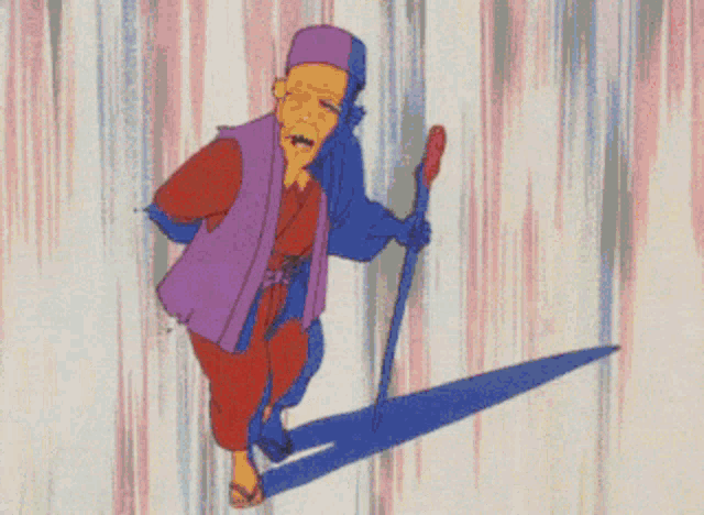 a cartoon drawing of a man in a purple vest holding a stick