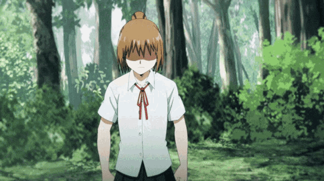 a girl in a white shirt and red tie stands in the woods