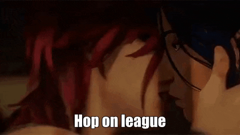 a man and a woman are kissing in a video game and the man is saying `` hop on league '' .