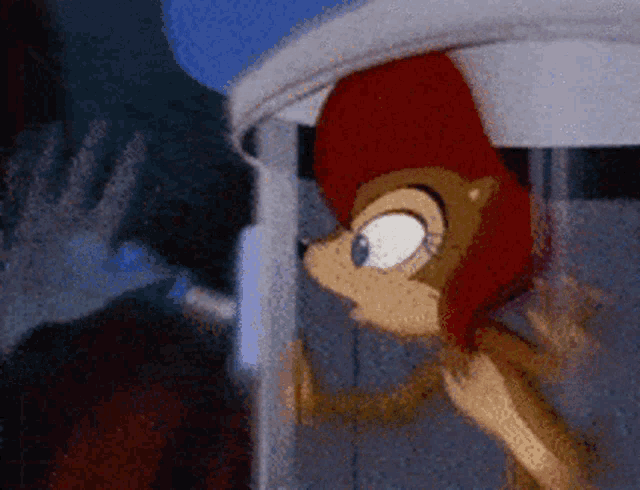 a close up of a cartoon character looking out of a container