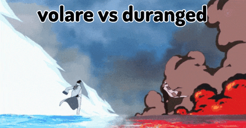 a cartoon of a man standing in the water with the words volare vs duranged below him
