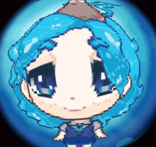 a pixel art illustration of a girl with blue hair