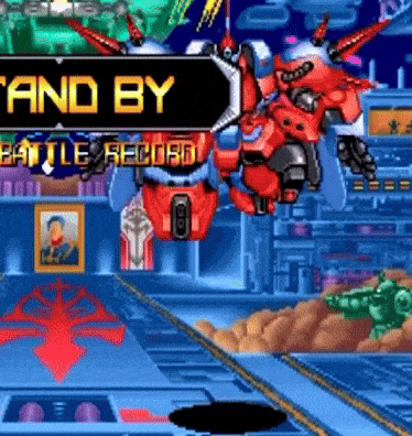 a video game screen shows a red robot and a green robot