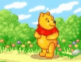 a pixel art drawing of winnie the pooh standing in a field .