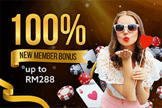 a woman blowing a kiss in front of a sign that says 100 % new member bonus up to rm 288