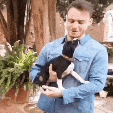 a man in a blue shirt is holding a black and white dog in his arms .