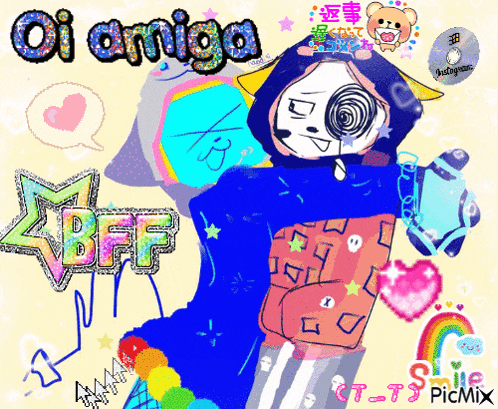 a colorful drawing with the words oi amigo bff and a rainbow