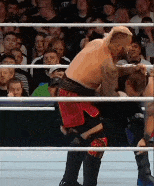 a man in a wrestling ring with a crowd behind him and the word rt on his shorts