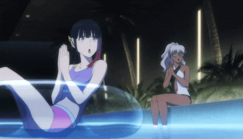 a girl in a purple tank top sits in a pool with another girl