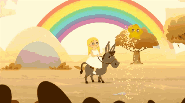 a girl riding a donkey in front of a rainbow
