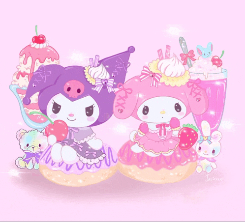 a drawing of a purple and a pink character with a strawberry on their head