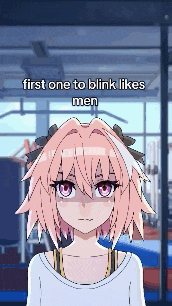 a girl with pink hair is standing in a gym with the words first one to blink likes men