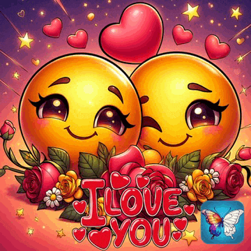 a couple of smiley faces surrounded by hearts and flowers with the words i love you