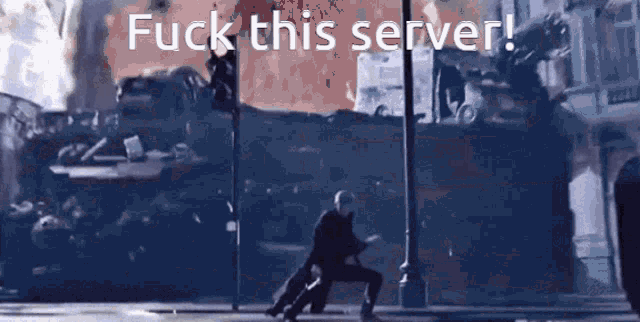 a man walking down a street with the words " fuck this server " written on the bottom