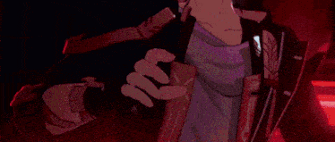 a boy with gray hair and a black jacket is standing in a dark room