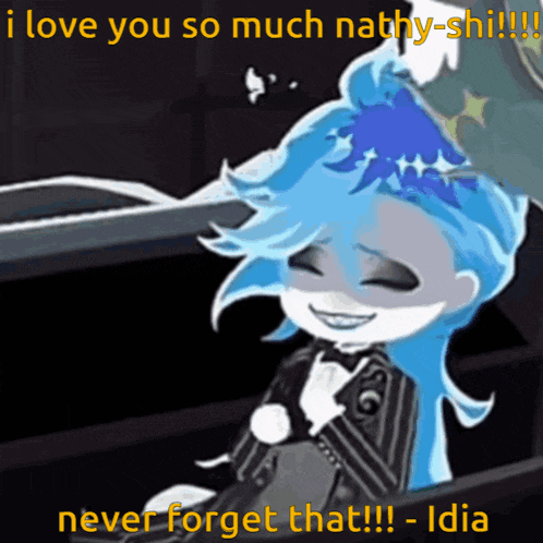 a cartoon character with blue hair says i love you so much nathy-shi !!!