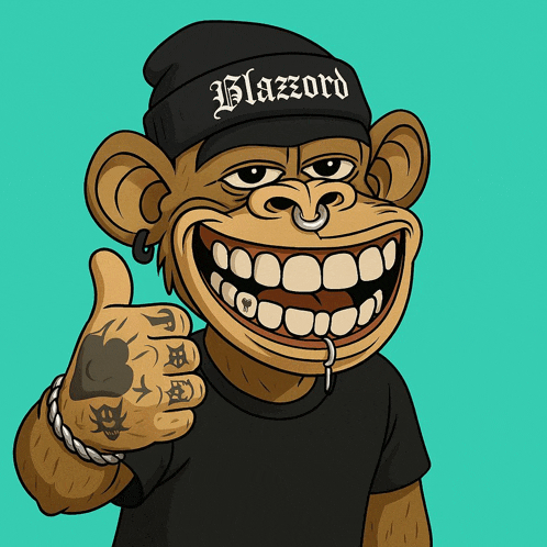 a cartoon of a monkey wearing a black beanie that says blazord