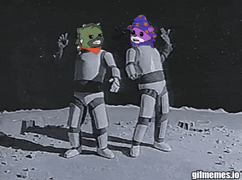 a cartoon of two robots standing on the moon with gifmemes.io below them