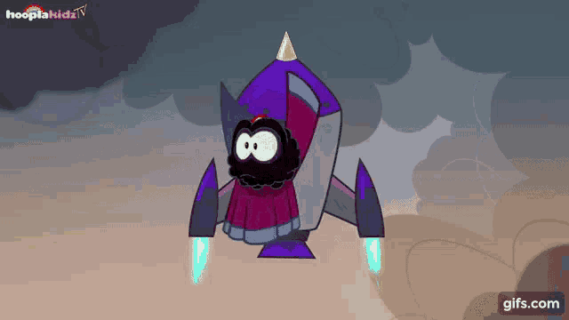a cartoon character is flying in a rocket with hooplakidz written on the bottom of the screen