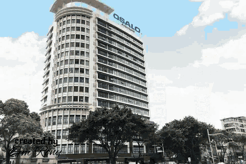 a tall building with the word osalo on the top of it