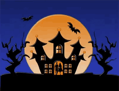 a haunted house is surrounded by bats and trees with a full moon in the background