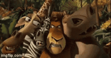 a group of cartoon animals are standing next to each other and looking at the camera .