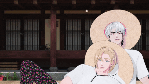a drawing of two men wearing straw hats and a woman wearing floral pants