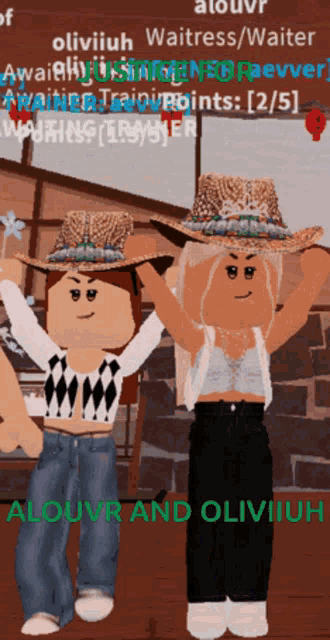 two cartoon girls wearing straw hats are standing next to each other in front of a sign that says waitress / waiter