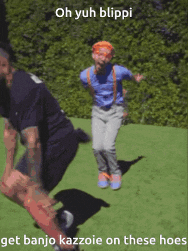 a picture of a boy jumping in the air with the caption oh yuh blippi
